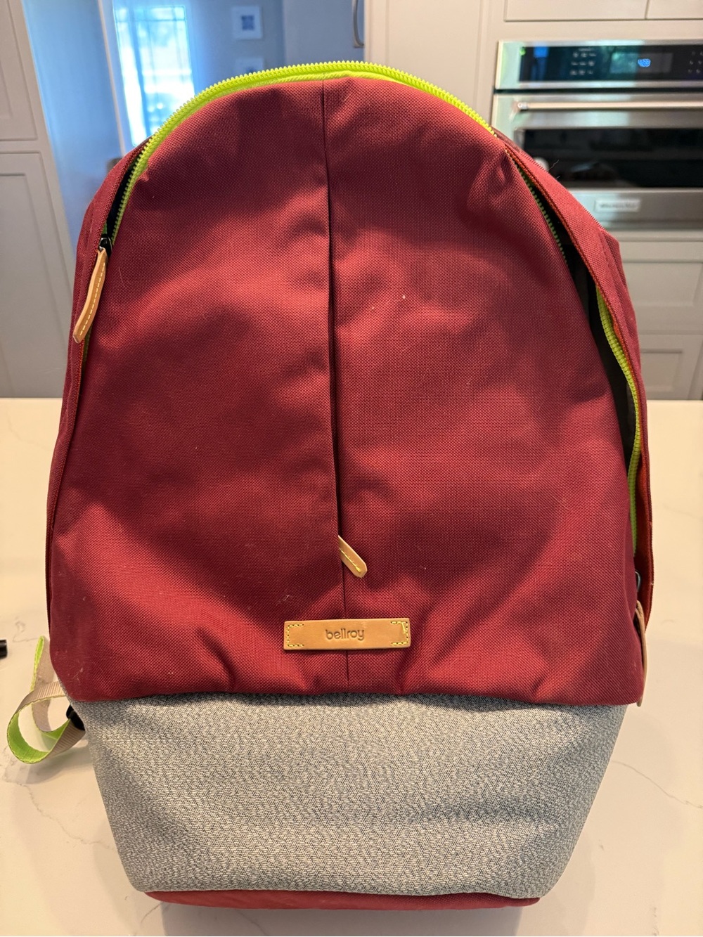 Bellroy Burgundy & Light Gray Two-Tone Backpack with Lime Zipper